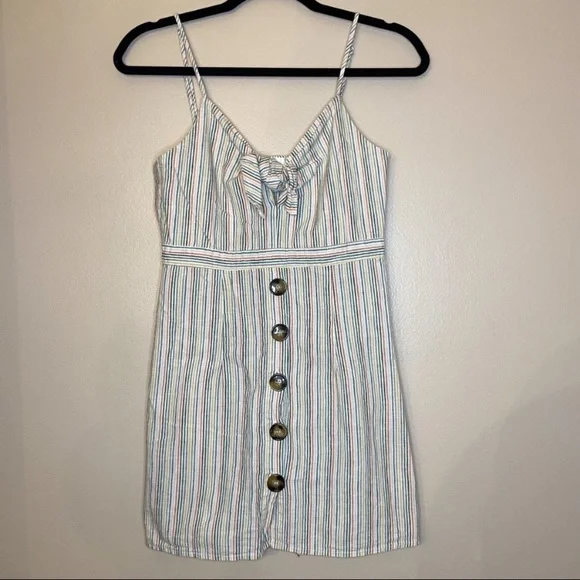 MAHINA STRIPED BUTTON DOWN SPAGHETTI STRAP DRESS WITH KNOT TIE - Picture 1 of 6